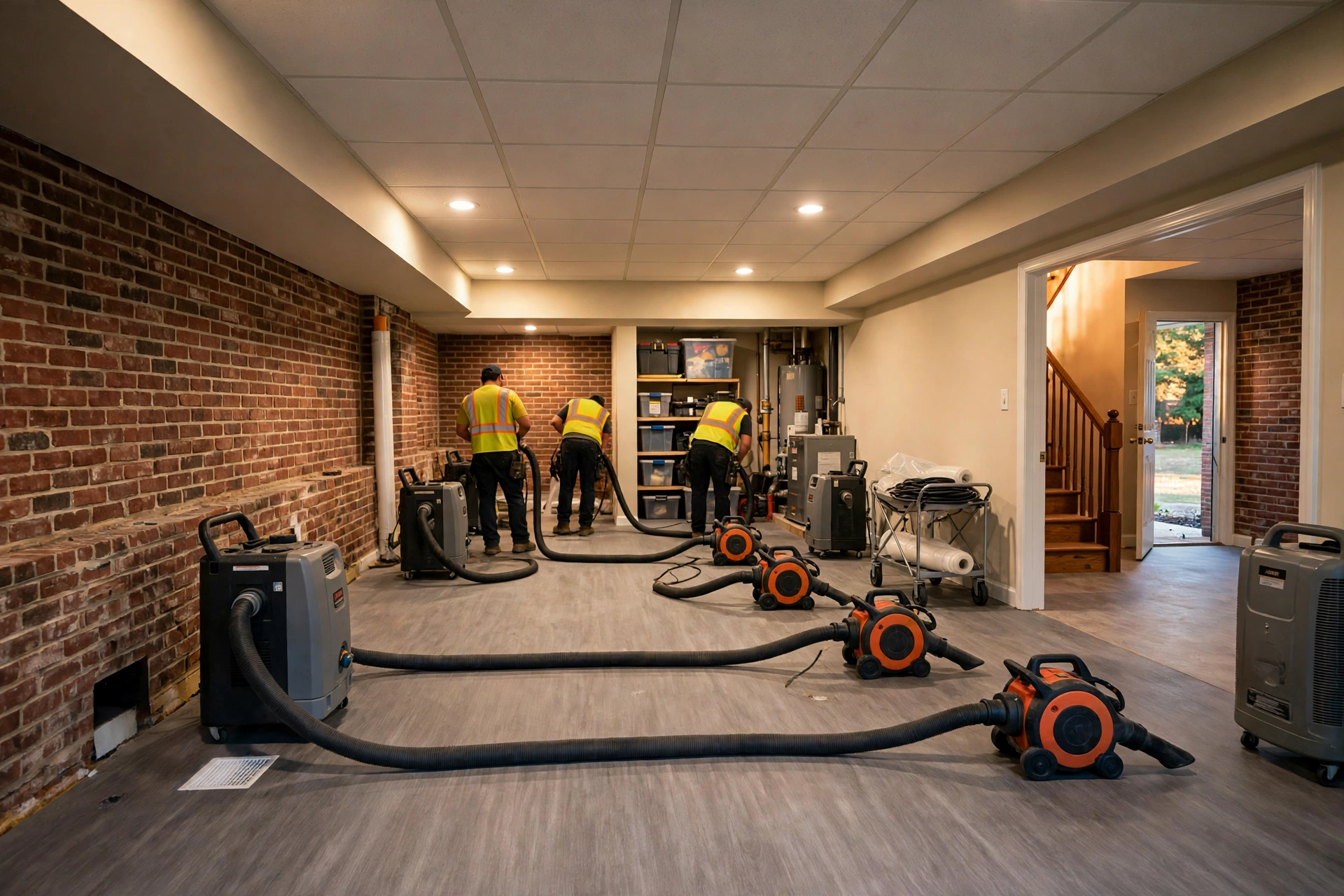 Water damage restoration crew drying a Bowie, MD basement by Bowie Water Damage Restoration Company